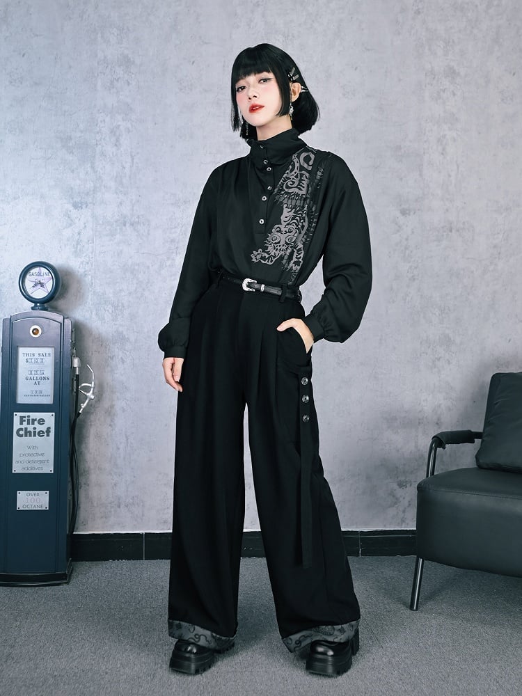 Gothic Print Wide-Leg Flowing Cheongsam with Tie Details Pants Five-Poison Cuffed Black