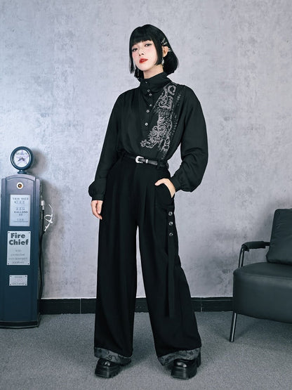 Gothic Print Wide-Leg Flowing Cheongsam with Tie Details Pants Five-Poison Cuffed Black