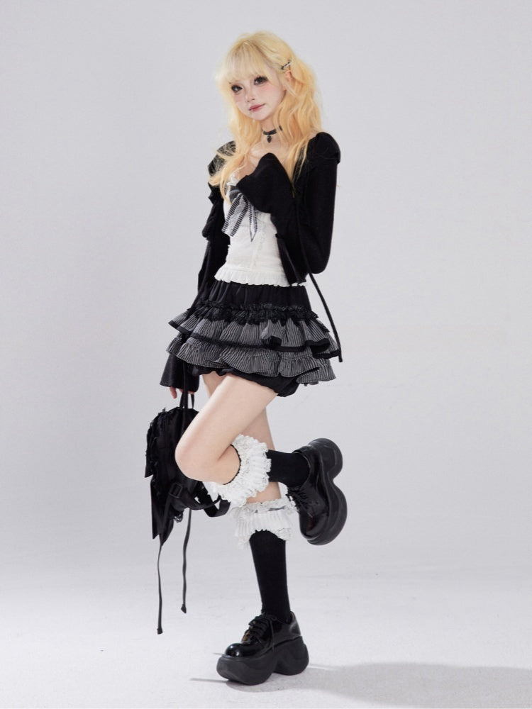 Hem Tiered Trim Cardigan Cami Glamorous Ruffle White +Big Ruffled Skirt Bow Full Set-Black Top+Black