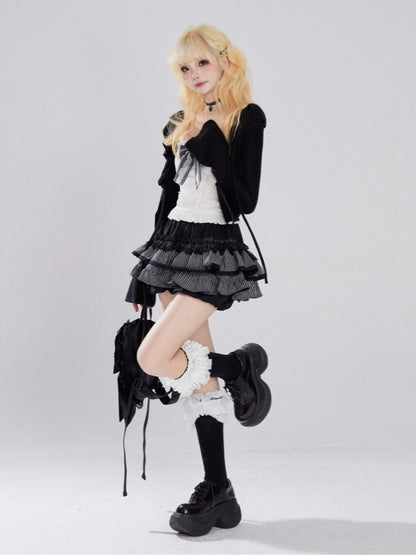 Hem Tiered Trim Cardigan Cami Glamorous Ruffle White +Big Ruffled Skirt Bow Full Set-Black Top+Black