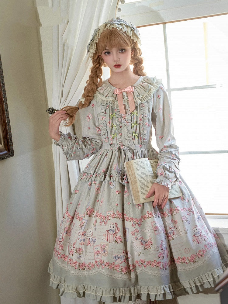 Green Floral and Kitty Spring Long Sleeves Pink House Style Sweet Lolita Dress