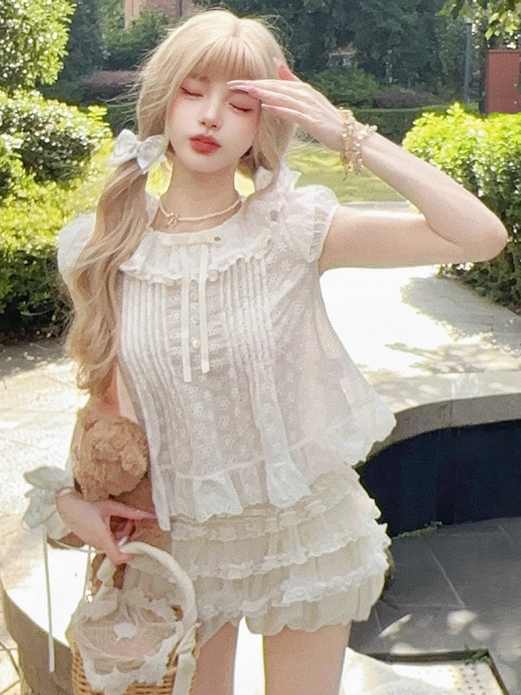 Blouse With Embroidered Trim White Dollcore Floral Bow Ruffle