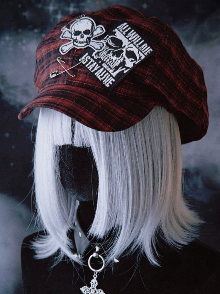 Red Plaid Hat with Pin Accent