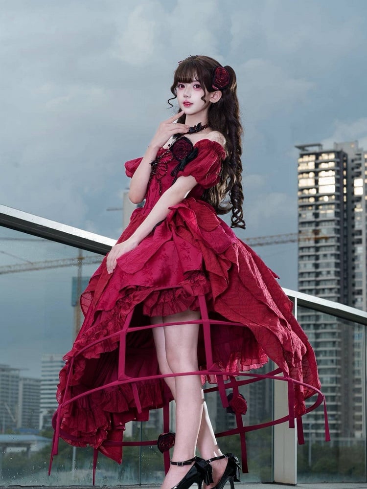 Red Butterfly Rhinestone Detail Puff Sleeve Lolita Top and Asymmetrical Hem Skirt Set - Sweet Wood Lolita