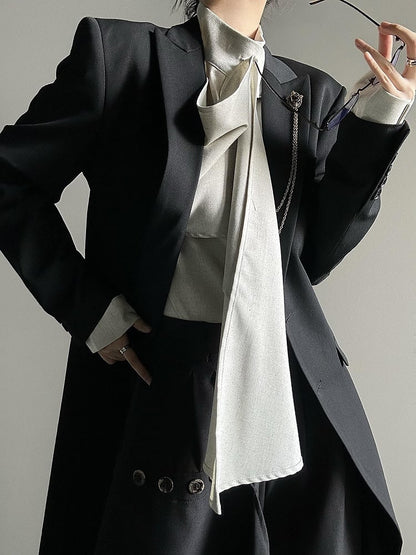 Black Structured Long Trench Coat with Notch Lapel