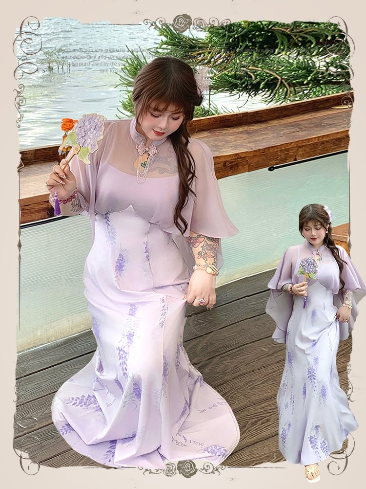 Qipao Design Kleid Plus Size Cheongsam Stil Lila Print Cape Glyzinien