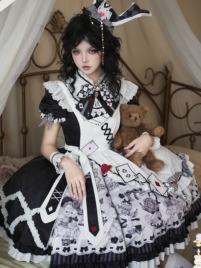 Sweet Lolita Apron Dress OP Full Set with Bunny & Teapot Print in Black and White - Ying Luo Fu