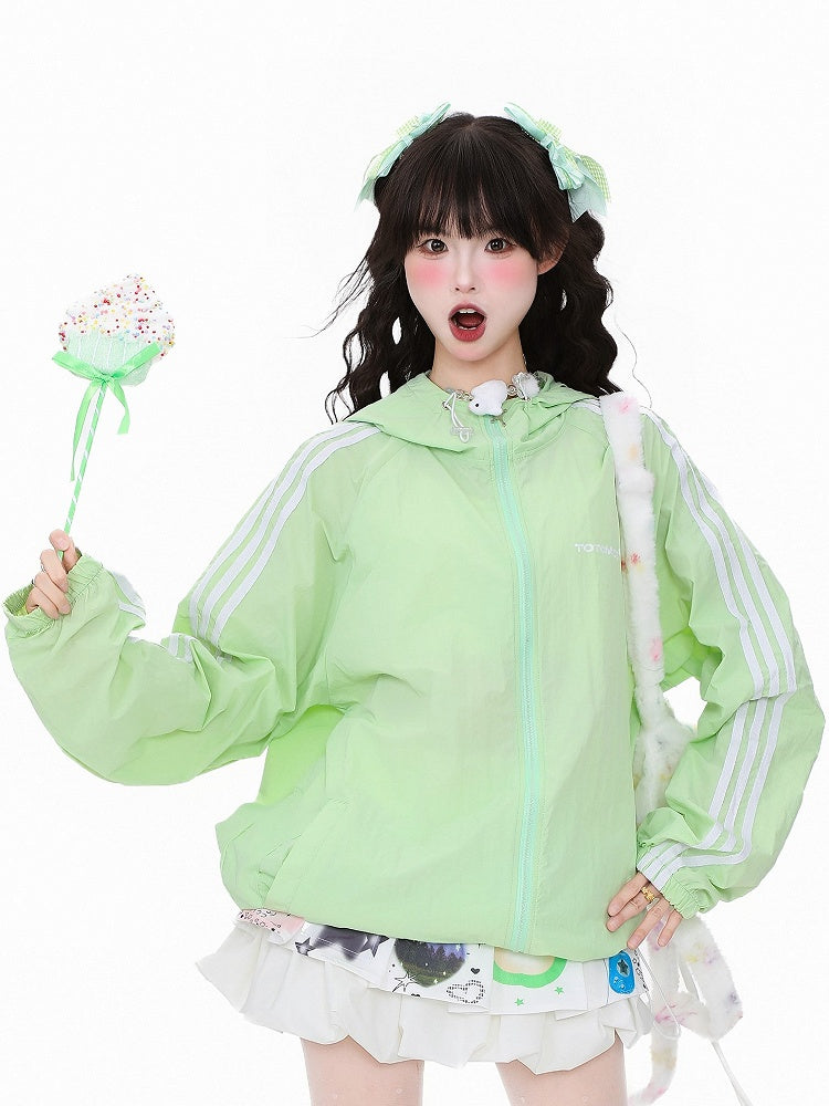 Kawaii Sun Closure Daily Green/Yellow/Pink Cuffs Protection Jacket Elastic Zipper with