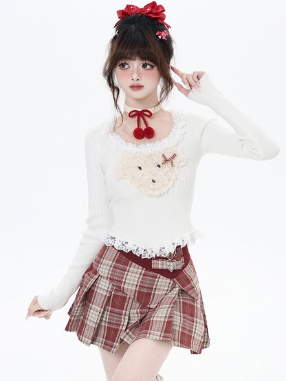 Weiß/Grau/Schwarzes Stricktop mit Plüschwelpen-Applikation und Spitzenbesatz