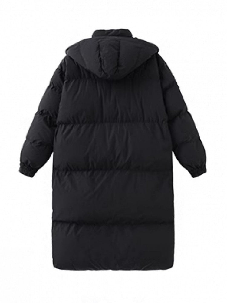 Mid-Length Preppy Mandarin Patches Black Coat Hooded with Badge Padded/Down Collar