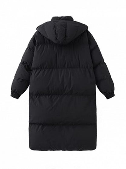 Mid-Length Preppy Mandarin Patches Black Coat Hooded with Badge Padded/Down Collar