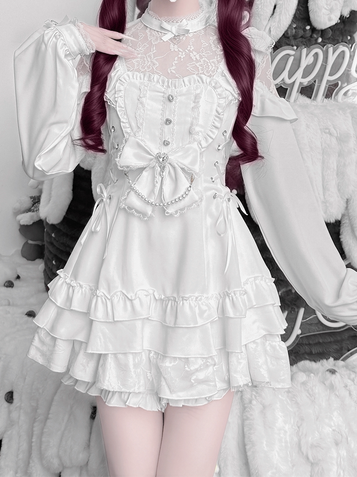 White Landmine Style Floral Lace Dress Set with Shorts, Bow Tie, Bead Chain & Hairclips - Jiuniang Cherry