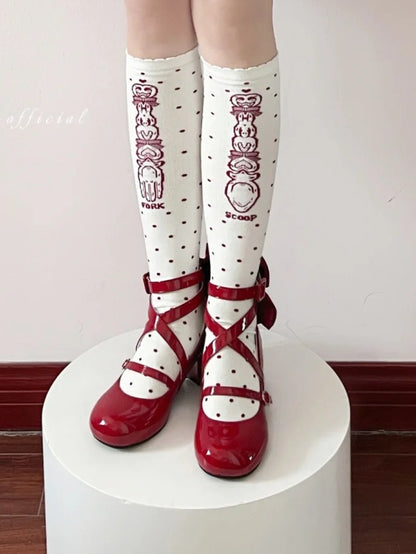 Akzentschleife, überkreuzte Absätze, mittelrotes Design, süße Zehenpartie, rund – Lolita