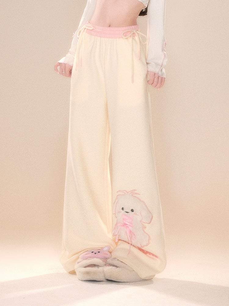 Beige Wide-Leg Pants with Pink Waistband and Embroidered Puppy Design