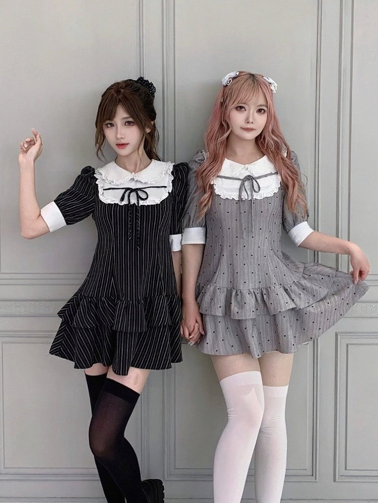 Gray Heart-Printed Peter Pan Collar Ruffled Short Sleeve Dress - Smyster