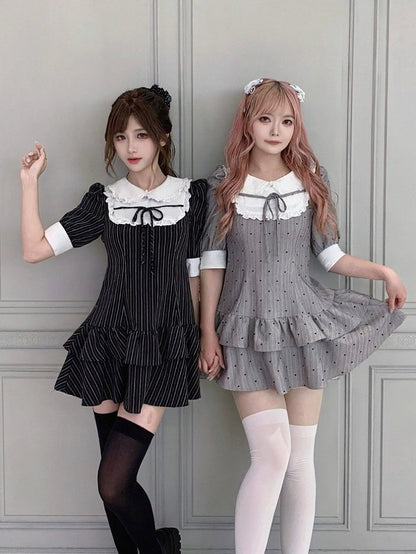 Gray Heart-Printed Peter Pan Collar Ruffled Short Sleeve Dress - Smyster