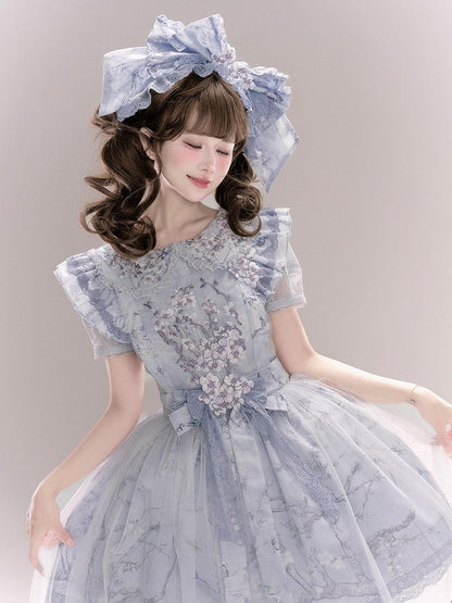 Purple & Blue Short Sleeve Peter Pan Collar Floral Embroidery Blouse with Fitted Waist - Yimu Walnut