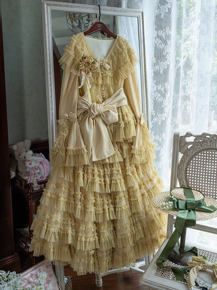 Blouse Sleeves Elegant - Bell Dotted Vest Mesh Waist Multi-layered Classic Yellow Tulle Cotton Set Belt + Lolita Skirt