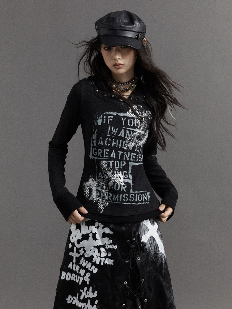 Schwarzes Fake-Zweiteiler-Top mit V-Ausschnitt und Buchstaben-Print