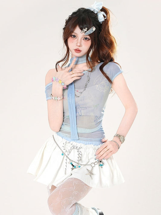 ヒトデとシェル柄の半透明Tシャツ、アシンメトリーネックライン、ブループリント、フリースカーフ