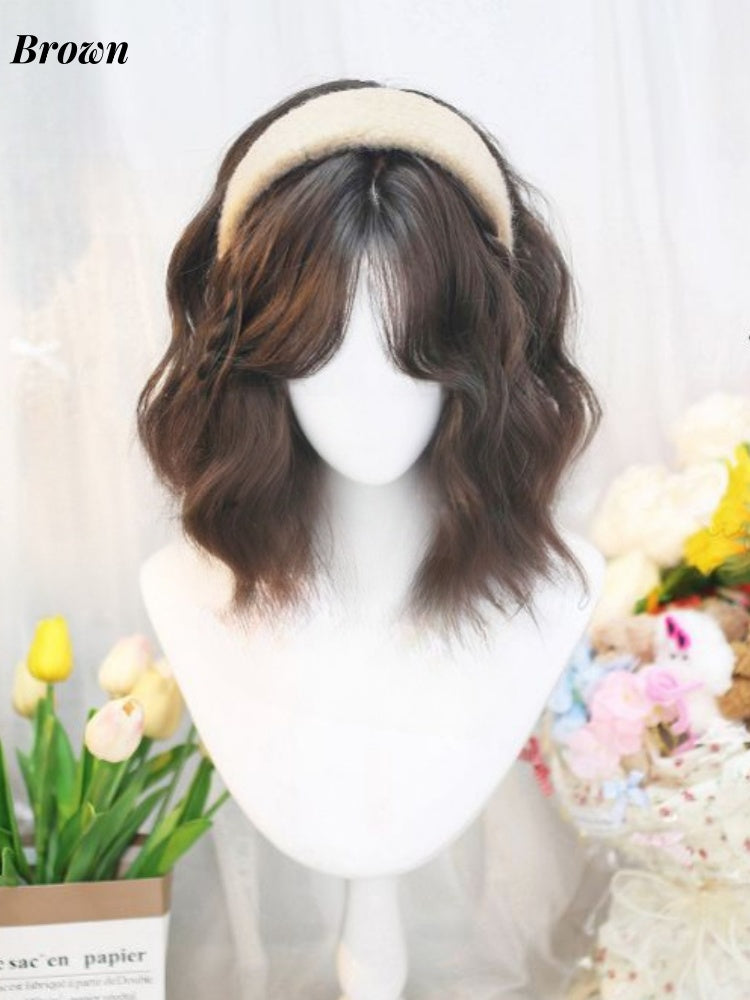 Champagne/Brown/Black Tea Short Wavy Wig with Full Bangs