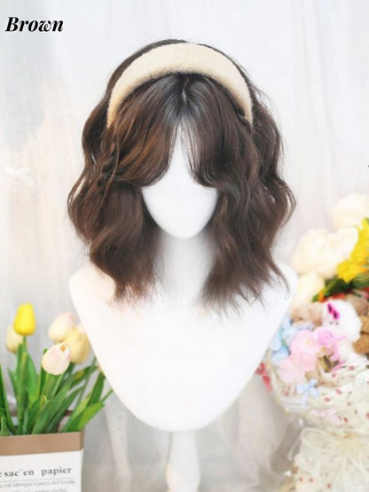 Champagne/Brown/Black Tea Short Wavy Wig with Full Bangs