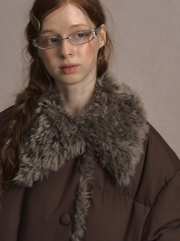 Beige/Brown Short Puffer Jacket with Faux Fur Trim and White Duck Down Filling