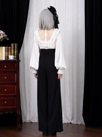 All White Cascading Ruffles V-neck Long Sleeves Backless Shirt with Bead Chains - DevilInspired Exclusive Collection