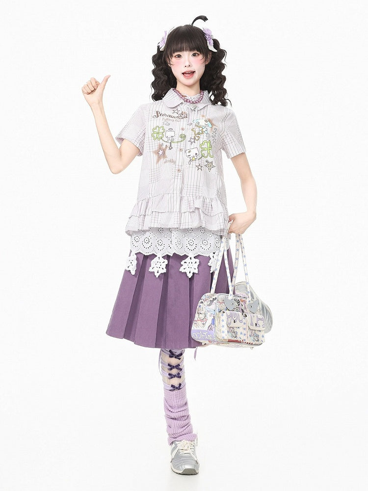 Purple Plaid Short Sleeve Shirt with Cartoon Print - Languid Park