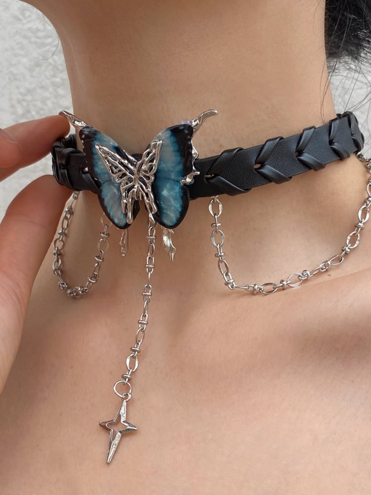 Y2K Blue Rhinestone Butterfly Star Choker