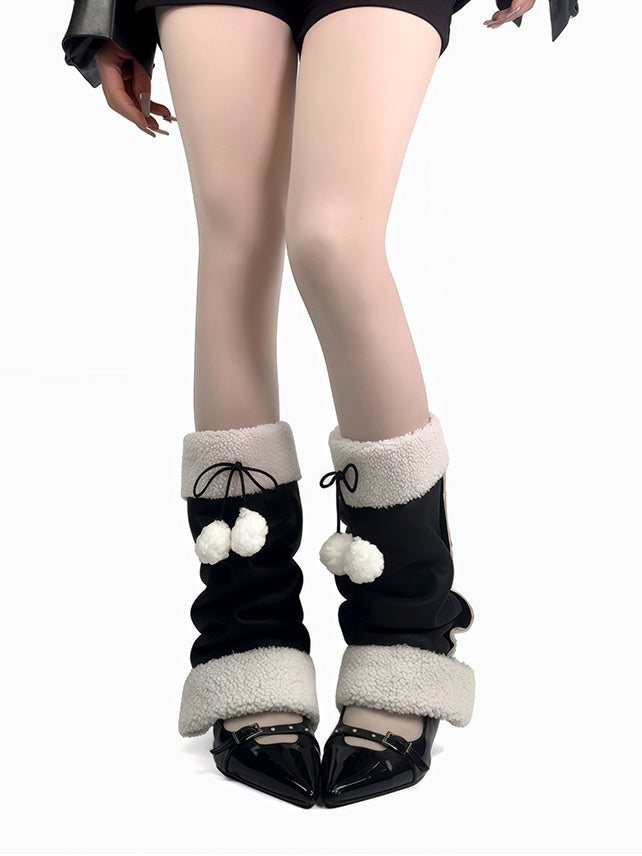 Schwarze Y2K Bowknot Plüsch-Manschetten-Beinwärmer mit Pompons