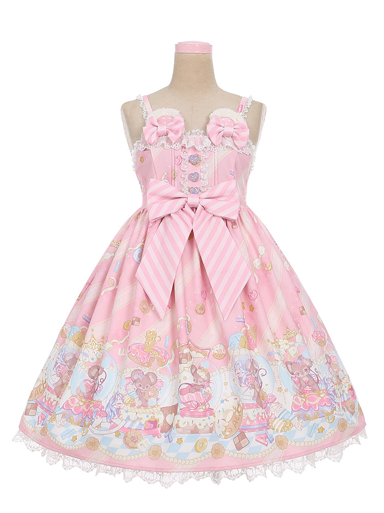 Ohren Schleife Rosa Großer Ausschnitt JSK Süßes Lolita Kleid Entzückendes Maus-Print Maus-Design