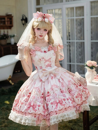 Sweet Strawberry Printed Pink Lolita JSK Dress Adorned with Bow Accents - PG Lullaby