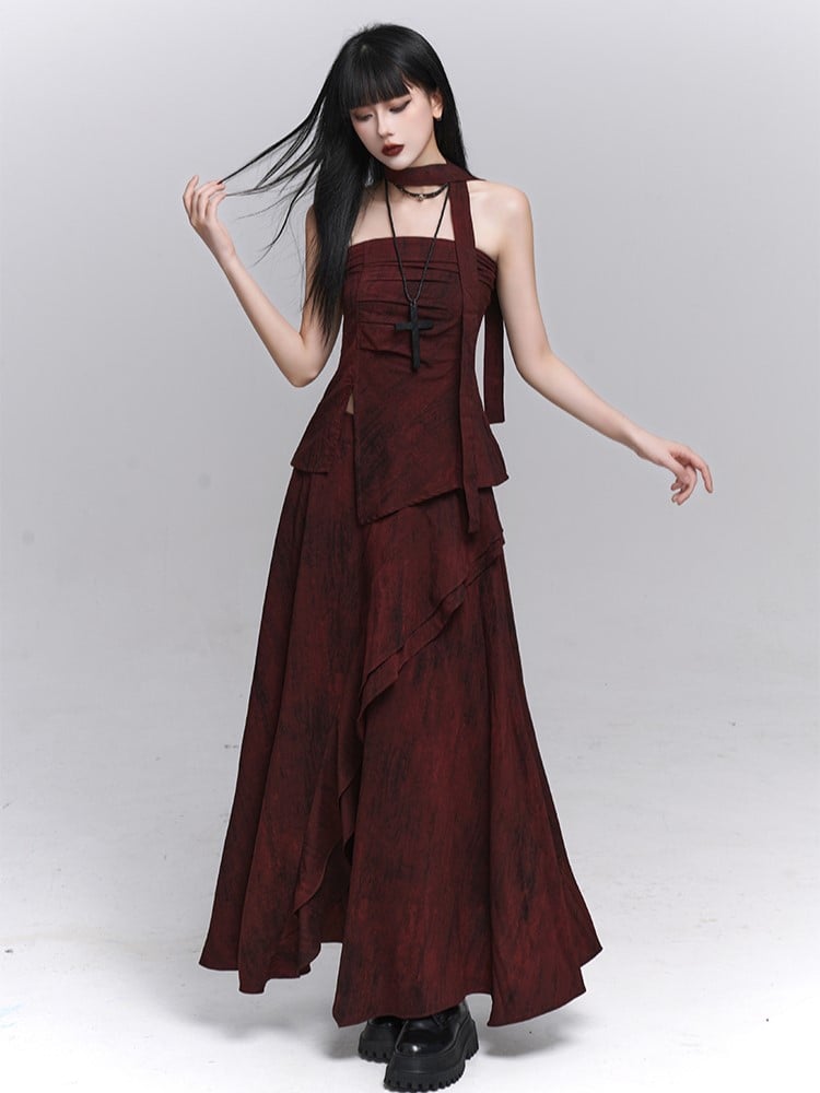 Gothic Red Bust with Strap Bustier Ruched Off-Shoulder Top Neck