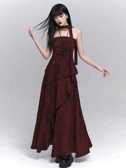 Gothic Red Bust with Strap Bustier Ruched Off-Shoulder Top Neck