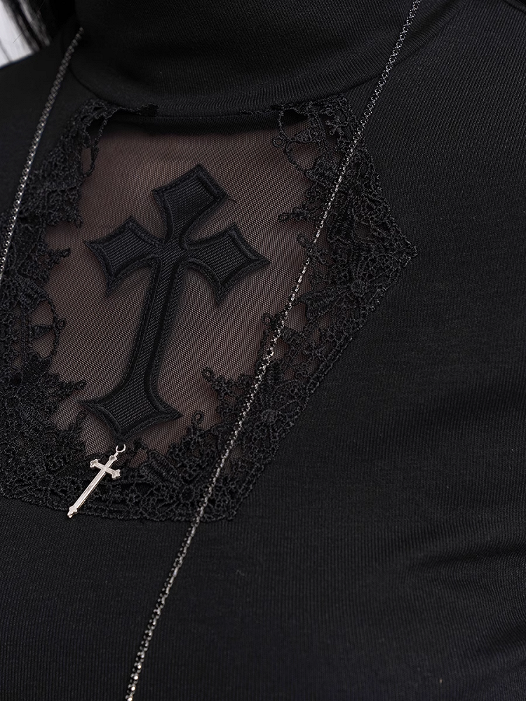 Sleeves Black Mock Neck Coffin-shaped Cutout Cross Applique Mesh