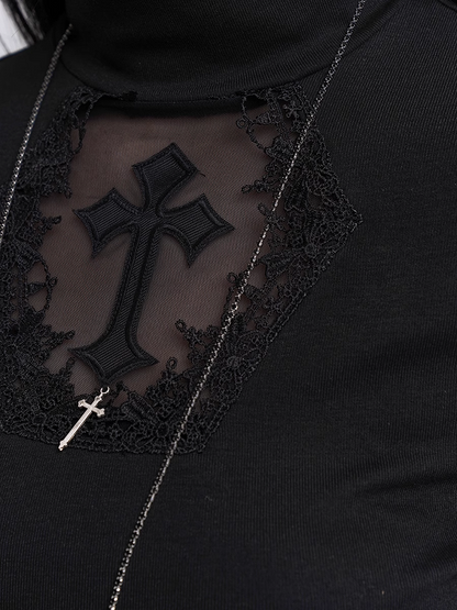 Sleeves Black Mock Neck Coffin-shaped Cutout Cross Applique Mesh