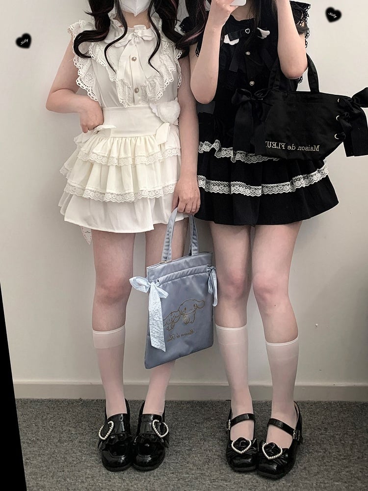 Sleeves Bow Kei and Flutter with Tie Jirai Heart-shaped Trim Blouse Black/White Winged Lace
