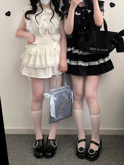 Ärmel Bow Kei und Flatter mit Krawatte Jirai Herzförmige Trim Bluse Schwarz/Weiß Flügelspitze