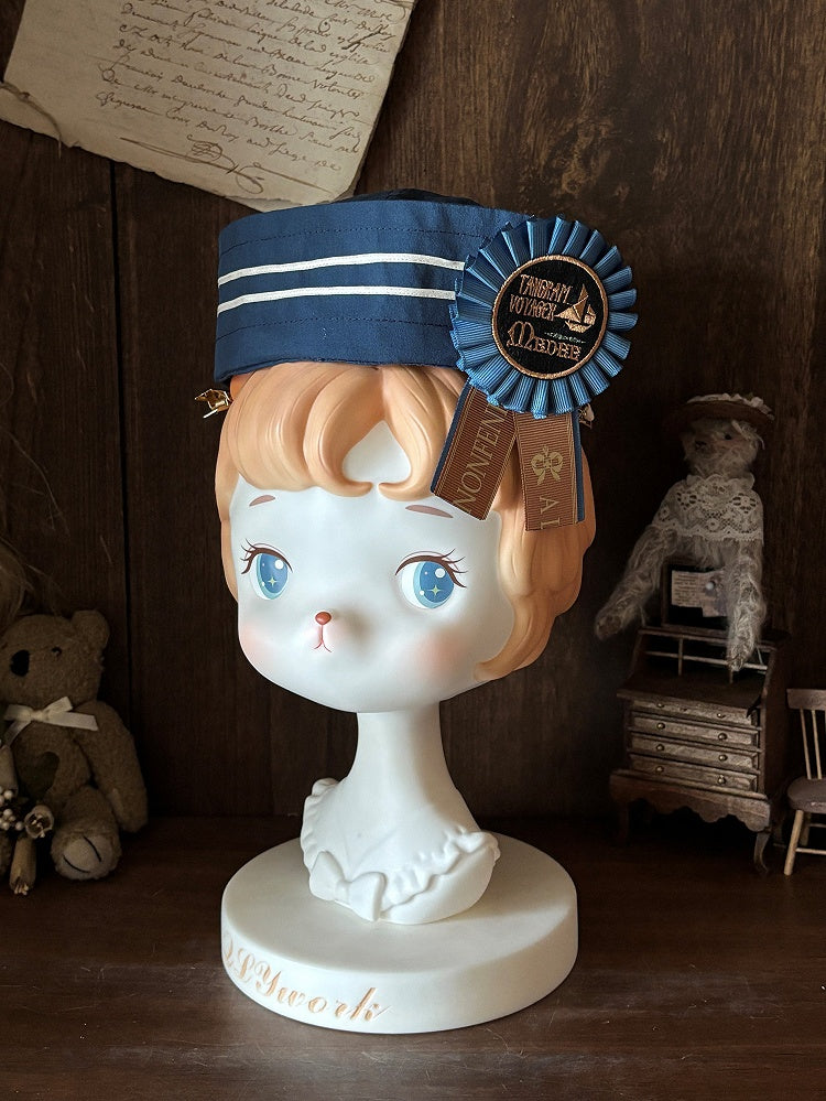 Striped Lolita Hat Dark Blue White Badge - LilyVow