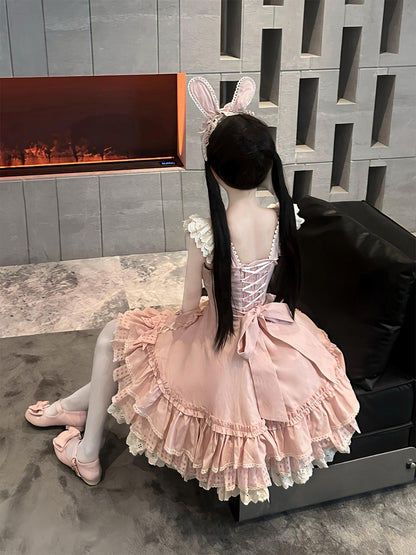 Bow-Adorned Tiered Ruffled Lolita JSK Dress in Sweet Pink - Yinying Lolita