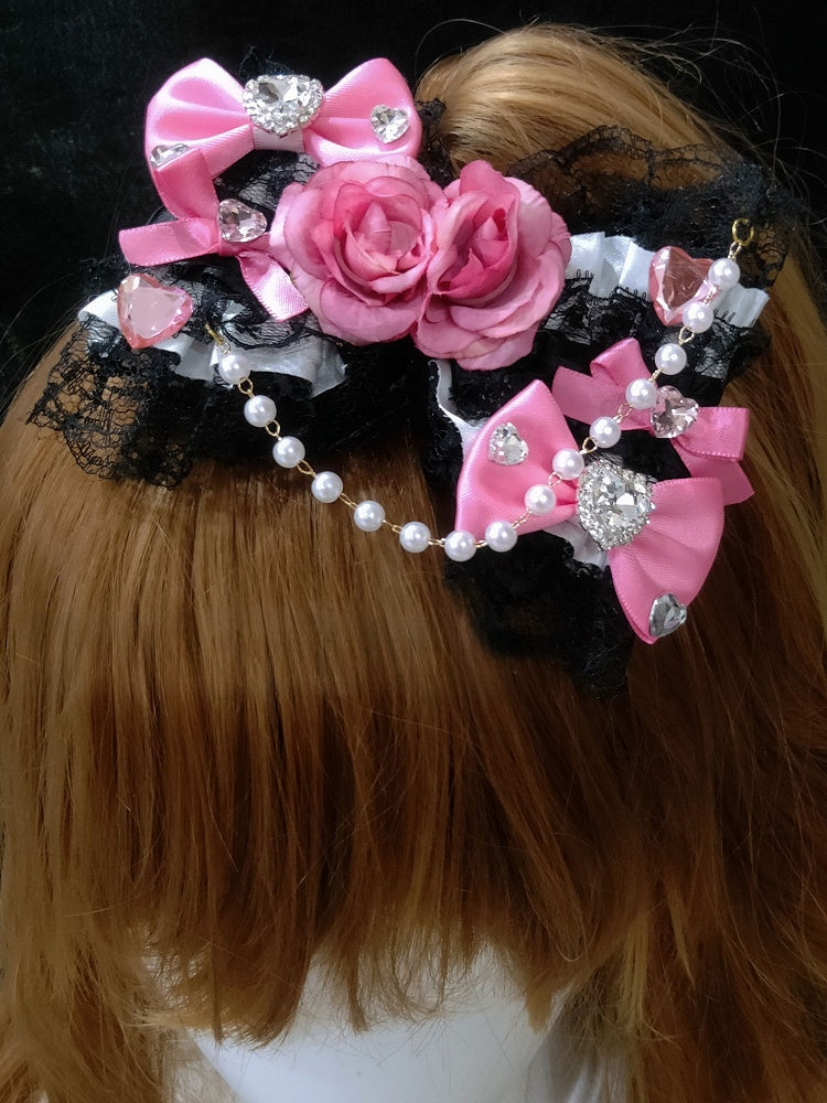 Bowknot Trim dekoriert schwarz rosa Spitze Haarspange Charme Perlen Blumen Strass Herz-Design