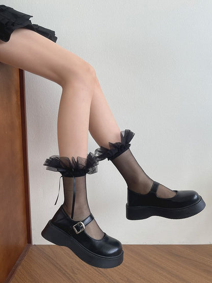 Ruffled White/Black Lace Tulle Calf Socks
