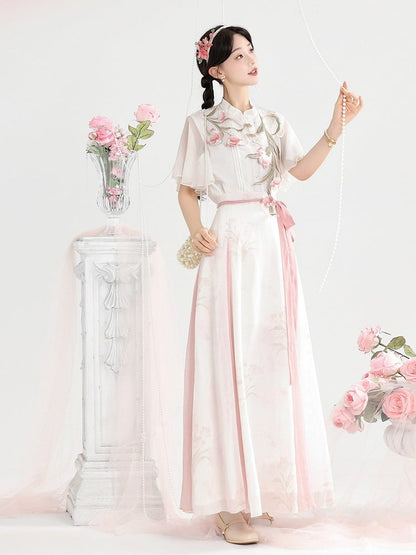 White and Pink Chinese Floral Embroidered Capelet with Chiffon Top and Skirt - Unknown Star