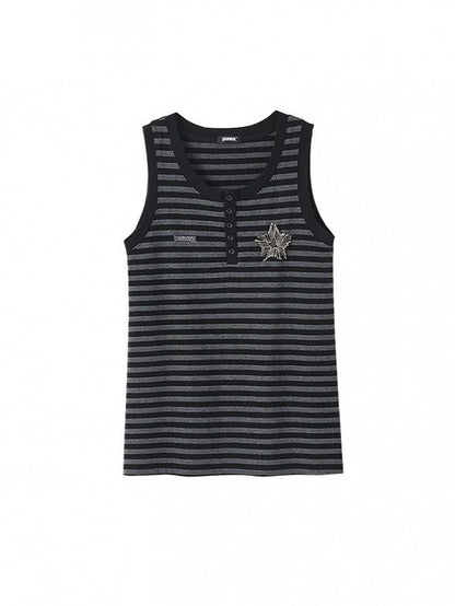 Punk Placket Gray Safety Partial Pin Black Button Top Tank Striped with Star