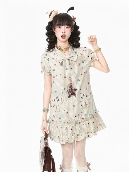 Beige Star Print Plaid Puff Sleeve Dress with Bow & Bunny Ear Pockets - Languid Park