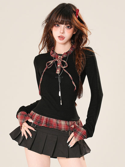 Muster Top Ärmel Plaid Lange Rüschen Schwarz Glamourös Bittersüß Trim