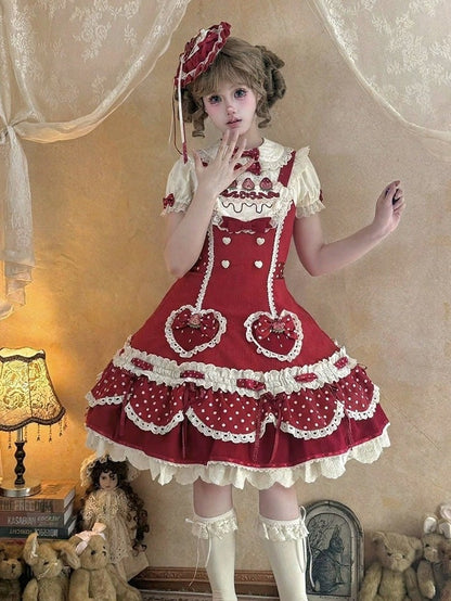 Strawberry-Print JSK Dress with Polka-Dot Bow & Peter Pan Collar Blouse Set - Day Rabbit