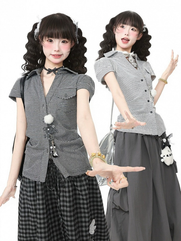 Kawaii Breathable Striped Short Sleeve Blouse in White & Gray with Embroidery - Languid Park