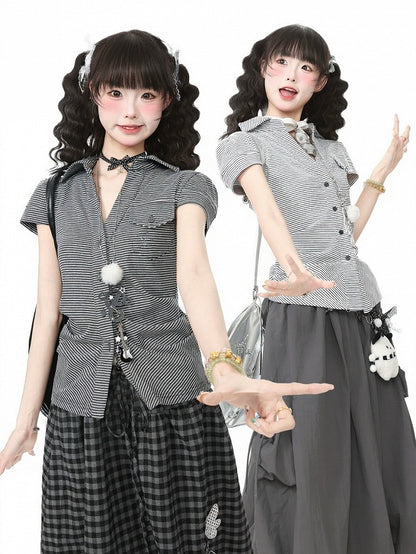 Kawaii Breathable Striped Short Sleeve Blouse in White & Gray with Embroidery - Languid Park